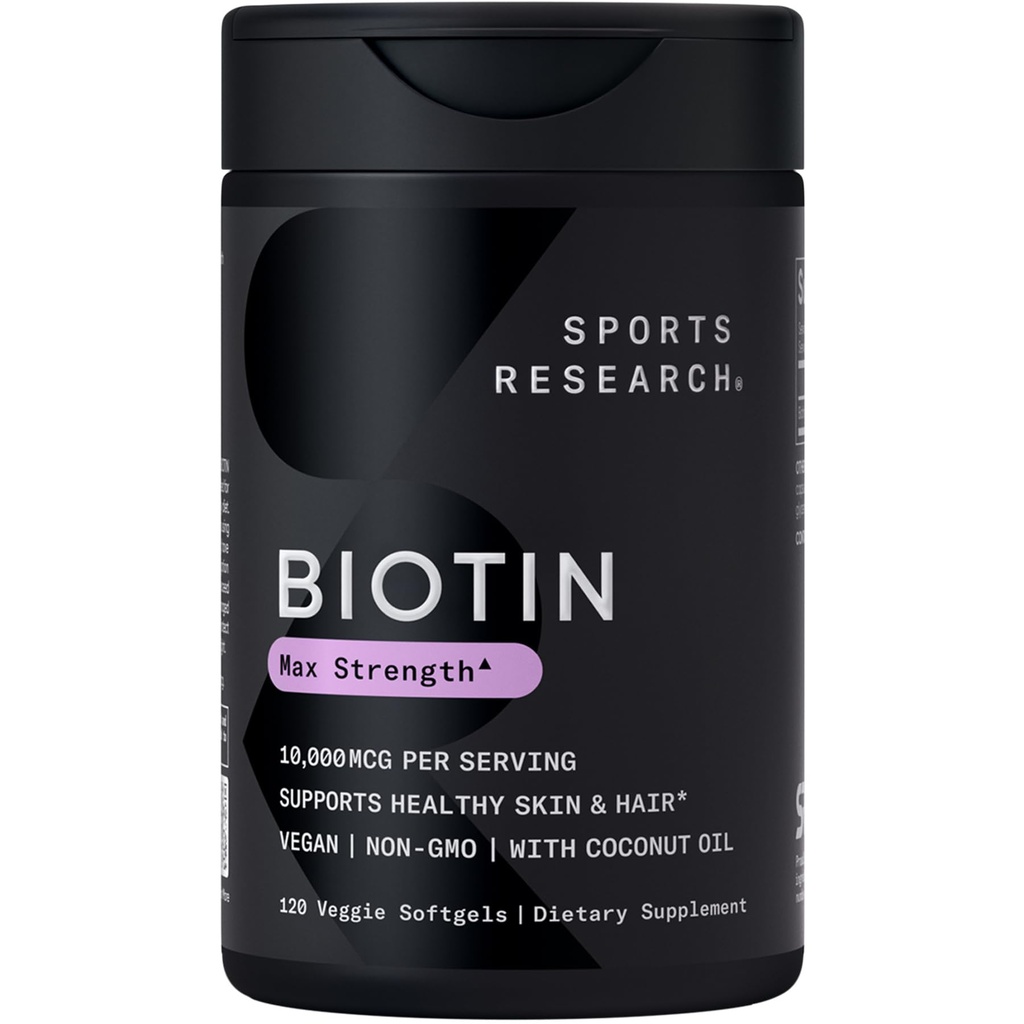 Penelitian Olahraga ® Biotin 10.000mcg dengan Minyak Organik Coconut - Biotin (Vitamin B7) untuk Dukungan Rambut dan Kulit Sehat * - untuk Perempuan dan Pria - Vegan, Non-GMO, Gluten & Soy- Free - 120 Veggie Softgels