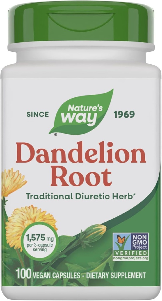 Nature 's Way Dandelion Root, Tradisional Diuretic Herb *, Vegan Dandellion Root Capsules, 100 Count (Packaging May Vary)