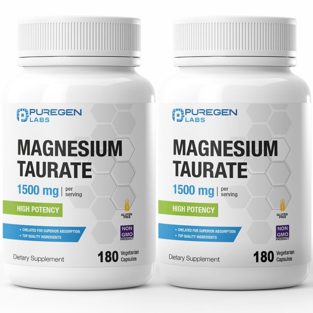 Puregen Labs Magnesium Taurat 1500mg per Serving [Potensi Tinggi] Total 360 Vevgie Caps, yang disediakan untuk Absorpsi Superior, Non-GMO, NO Gluten dan Dairy 124; Dibuat di USA