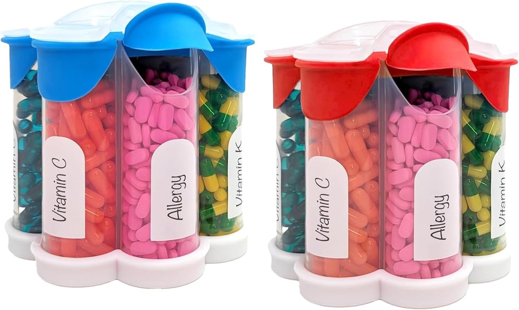 Extra Large Pill Organizer Daily, Weekly, Monthly Suplement Bottle, Cute Blossom Pill Discenser dengan 7 XL Compartment (2 Pack Combo) (Light Blue and Red)