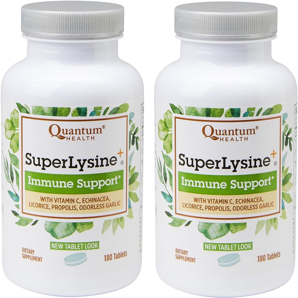 Supernik Kesehatan Quantum, SuperLysine + Formula Ammune Dukungan Lysine 1500 mg, Vitamin C Echinacea Bee Propolis & Odorless Garlic - 180 Tablets (Paket 2)