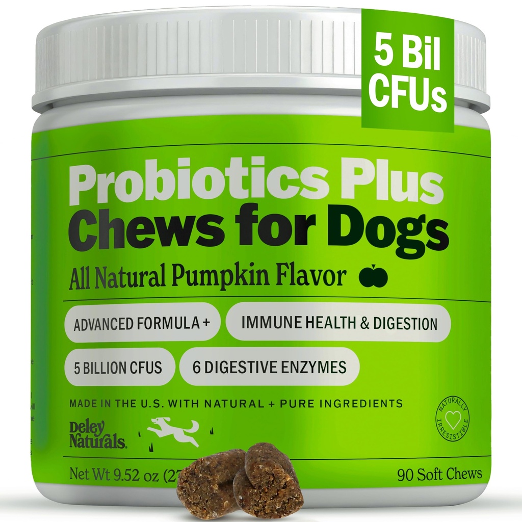 Progities Deley Plus Chews for Dogs, Gut Health Supplement, 5 Milyar CFU 's, Digetical Enzymes, Pregnanes, Dog Alleries, Diare, Yeast, Labu Flavor, 90 Count - Dibuat di Amerika Serikat