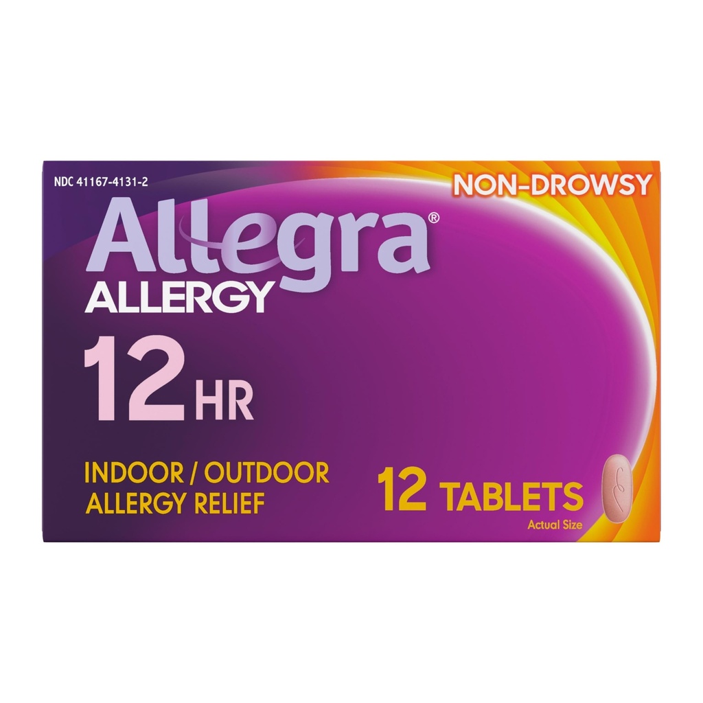 Allegra Dewasa 12 Jam Relief Tablet Allergy, Non- Drowsy Indoor dan Outdoor Allergy Medicine, 60 mg Fexofenadine HCI Antihistamin Pill, 12- Count