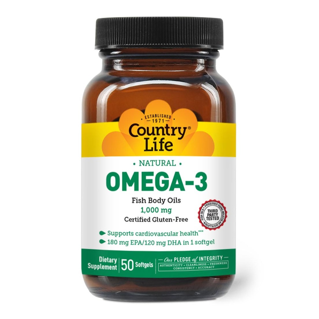 Country Life Omega-3 Fish Oil Suplement, 1000mg, 180mg EPA & 120mg DHA, Fish Oil Concentract, Burpless, 50 Softgels, Cerdened Gluten Free