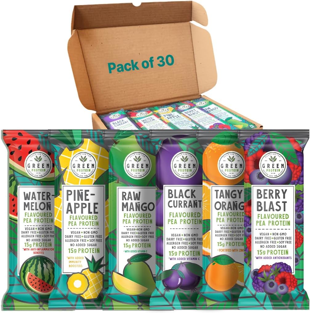 GreenProtein 124; Vegan Plant Pea Protein Isolat Powder 124; Dairy, Gluten Allergen & Soy Free, No Added Sugar 124; Pineapple, Black Currant, Berry Blast, Watermelon, Raw Mango & Orange 124; Kemasan 30