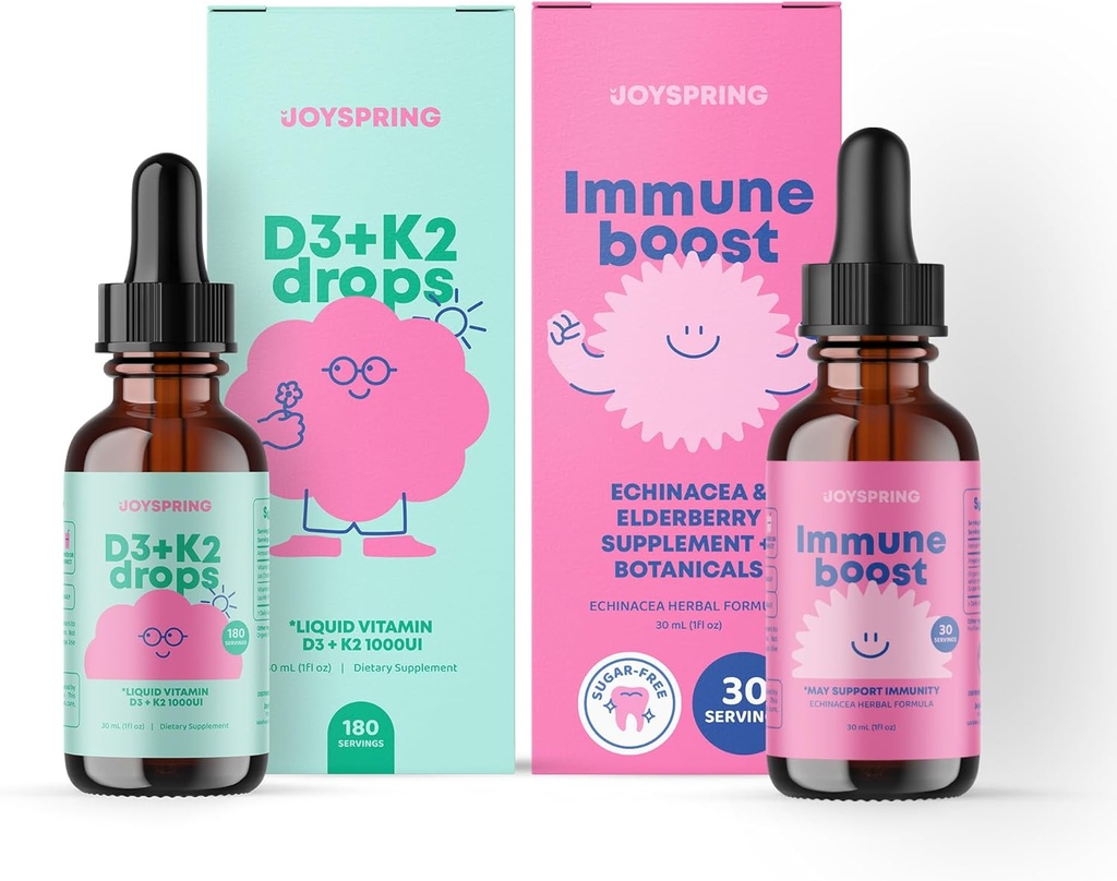 JoySpring Immune Drops & Vitamin D Bundle 124; Anak-anak Vitamin Alami Sourced, Non-GMO, Not-Alcolic Liquid Formula, Imunity Health Dukung 124; Vegan & Vegetarian Suplemen