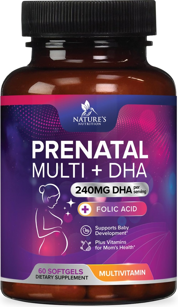 Prenatal Vitamin dengan Acid Folic & DHA, Pengembangan Otak Fetal & Omega 3, Prenatal Multivitamin untuk Perempuan, Vitamin A, C, D, B6, B12 & Iron, Pregnancy Suplemen - 60 Softgeels