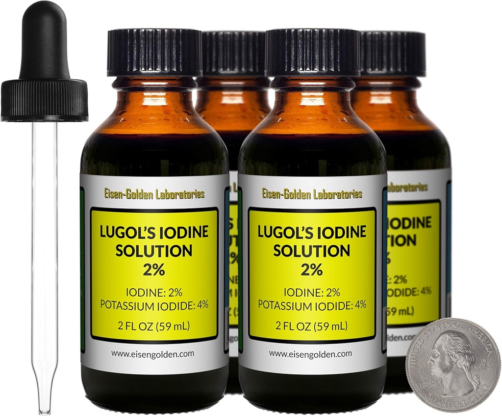 Lugol 's Iodin / 2% Solution / 8 Oz dalam Four Amber Glass Bottles / Free Droppers / USA