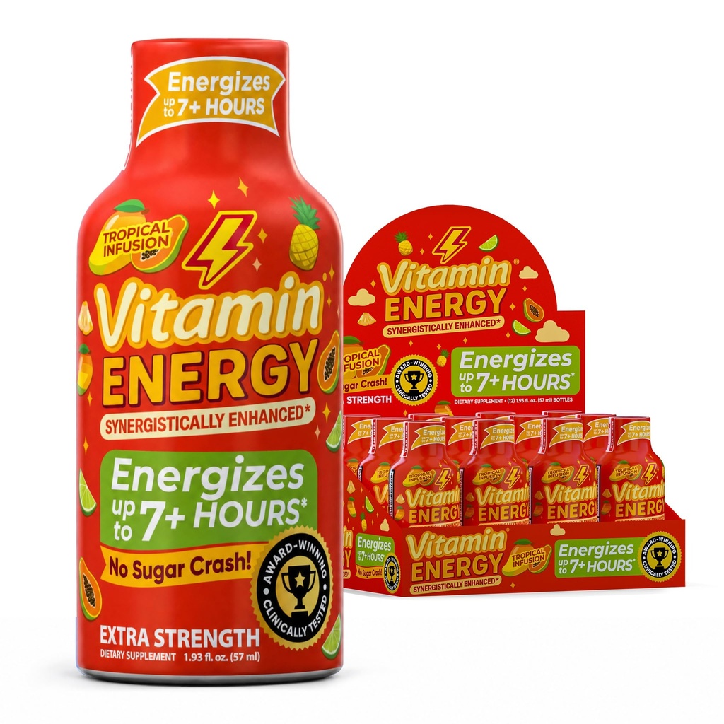 Vitamin Energy Immune + Ekstra Energi Shot Mangga 12 Pack, 260mg Natural Caffeine, B-Vitamin, Citicoline, Green Tea, Imunitas & Focus Dukungan, Zero Sugar, Gluteng-Free 1.93 fl oz