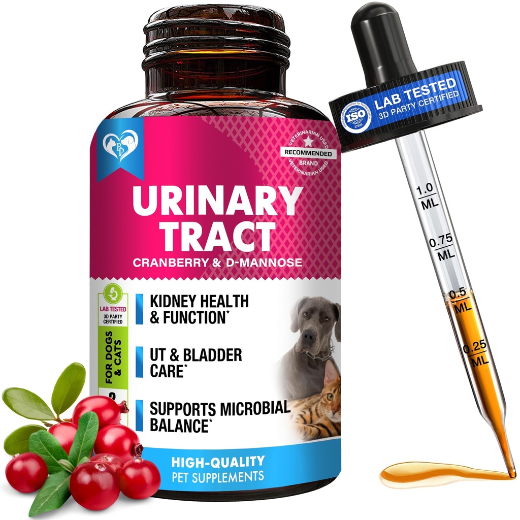 Pengobatan Pengaruh Rangkaian Penentangan Uriner & Natural UTI Cranberry & D-Mannose -Ginney + Bladder Dukungan - Incontinental Terbaik, Batu Bladder - Pet Renal Kesehatan & Care Drops