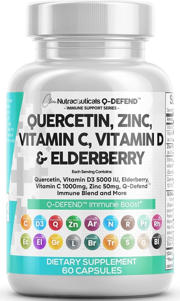 Q Defend Quercetin Suplement dengan Zinc Vitamin C Vitamin D Elderberry Black Pepper Lade Ginger Sea Moss Lysine Stinging Nettle Reishi Mushroom Immune Dukungan 60 Capsules oleh Clean Nutra