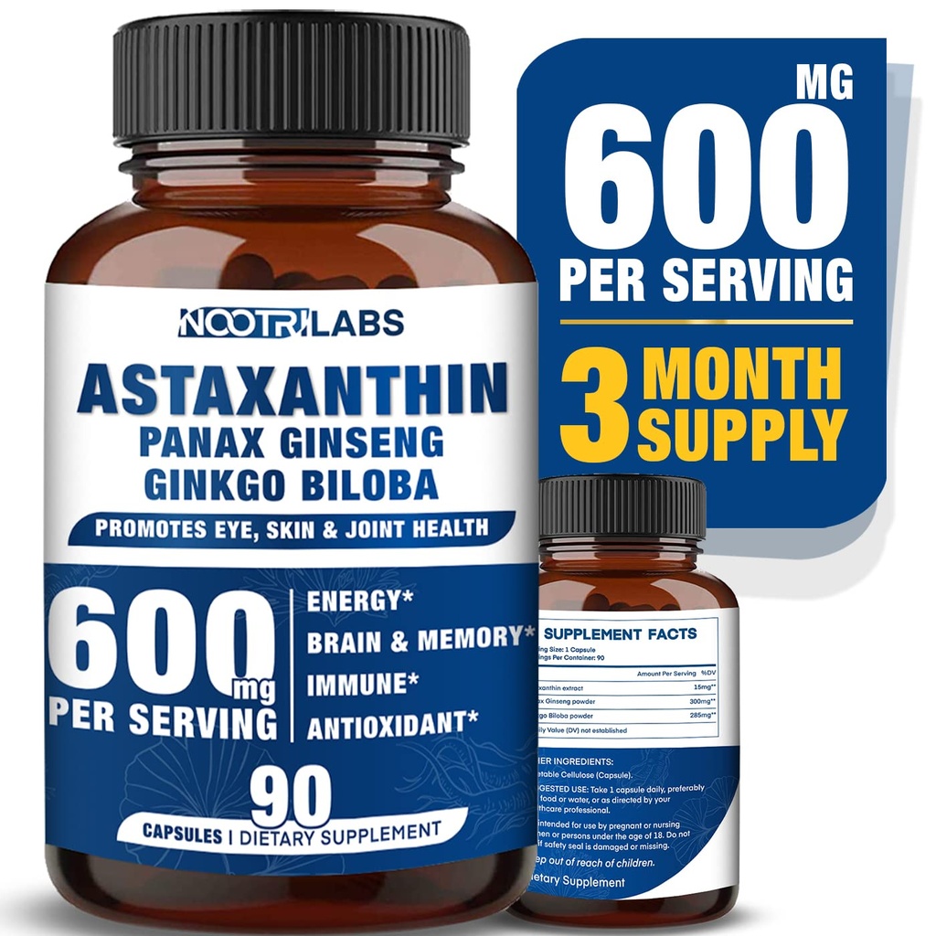 Astaxanthin 15mg + Panax Ginseng, Ginkgo Biloba Suplemen, 90 Vegan Kapsul, Promotes Eye Health Energy, Dukungan Kardiovaskular + Ammune Pertahanan dan Fokus