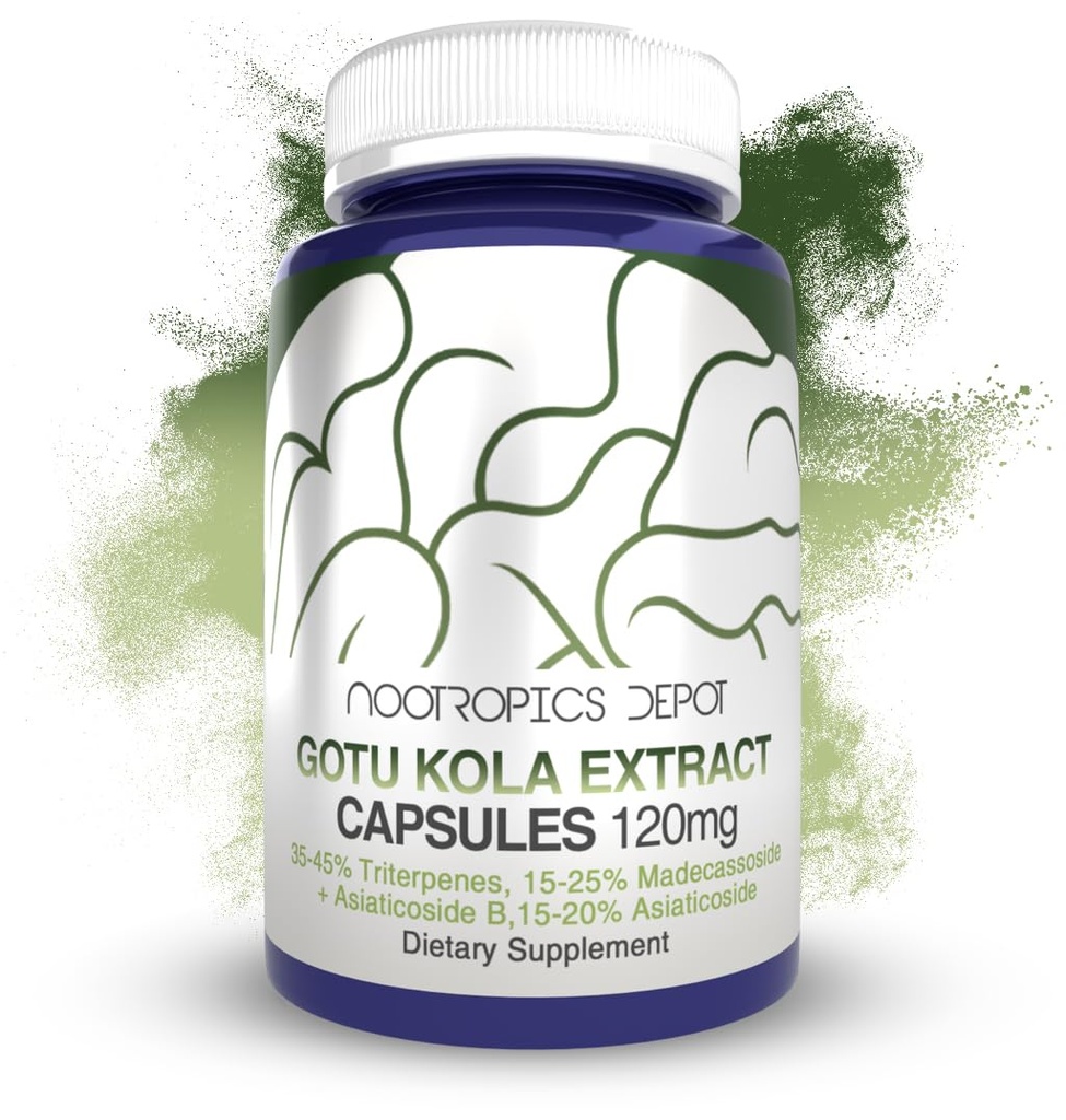 Nootropics Depot Gotu Kola Extract Capsules 124; 120mg 124; 90 Count 124; Acid Resistant Levels 124; Centella asitica 124; 35- 45% Triterpenes 124; Penes Perbaikan Kesehatan