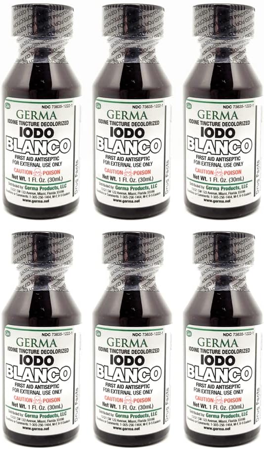 Germa White Iodin Tincture. Antiseptik Aid Pertama untuk Scrapes Minor, Potongan, Bruises dan Burns. Pencegahan Infeksi Skin. 1 oz. Kemas 6
