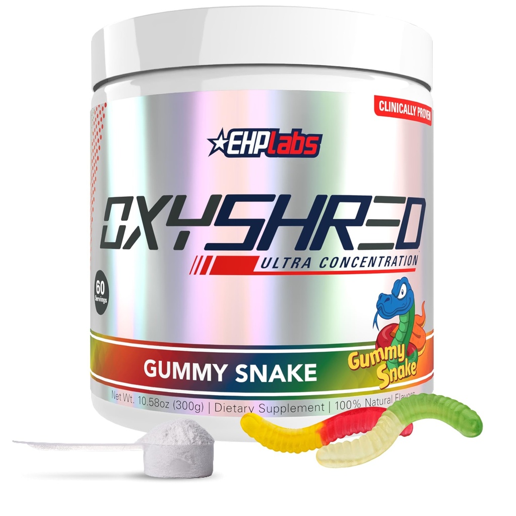 EHP Labs OxyShred Pre Workout Powder - Powder pretraining dengan L Glutamine & Acetyl Carnitine, Energy Boost Drink - Gummy Snake, 60 Servings