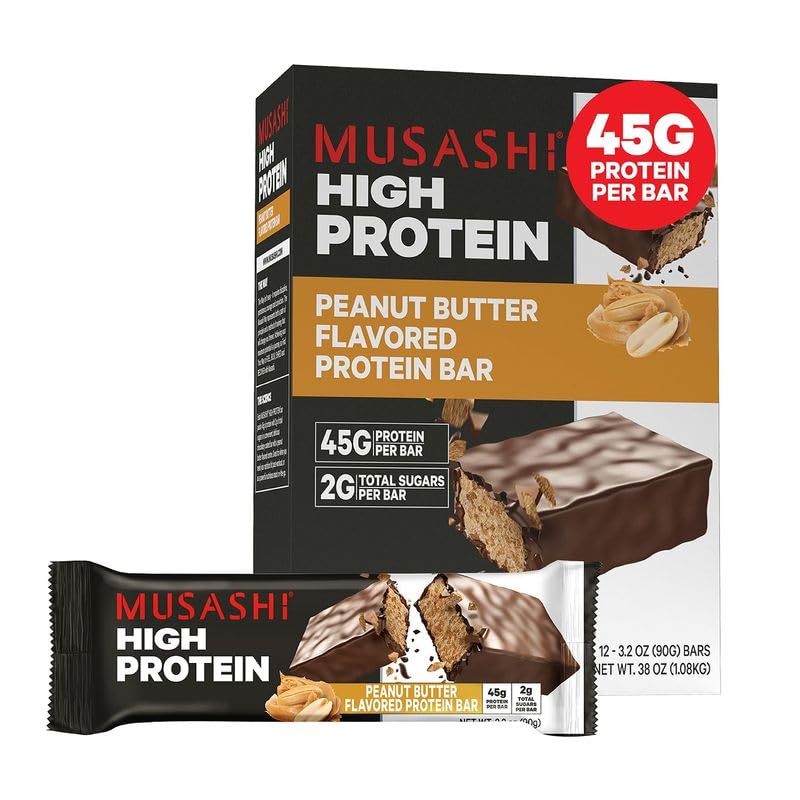 Bar Protein Tinggi MUSASHI, 45g Protein, 2g Total Sugars, Peanut Butter & Milk Coasted, Post Workout dan Protein Snack On The Go, 12 Pack of 3.2oz (90g) Bars