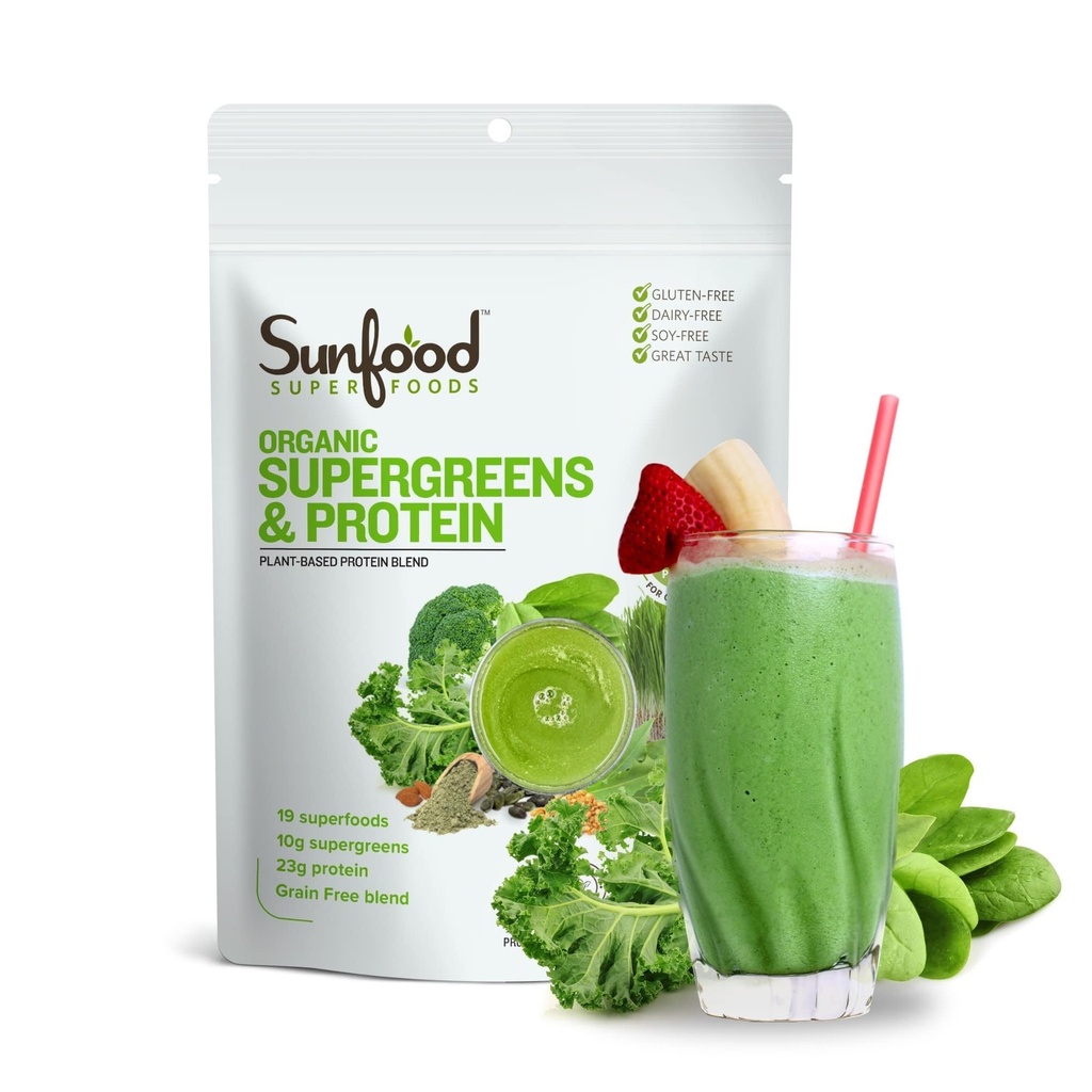 Sunfood Organic Supergreens & Protein - Greens Superfood Powder, Powder Organic Protein, Tanaman berbasis Vegan Protein, Super Greens for Gut Health w / Chlorella & Spirulina, 23g Protein Per Serving - 8 oz