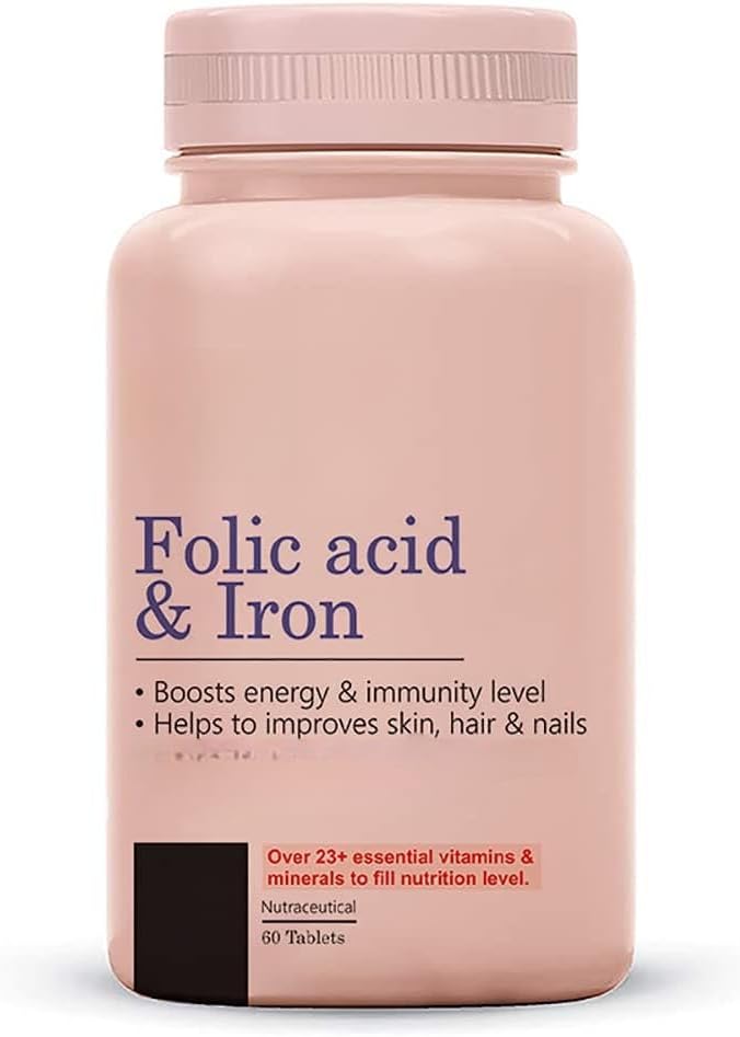 Asam Folic & Iron Suplemen 124; Pendukung Pregnancy 124; Iron Production 12.4; Reduces Hair Fall 124; untuk Pria & Women 124; Vegan 124; 60 Tablet