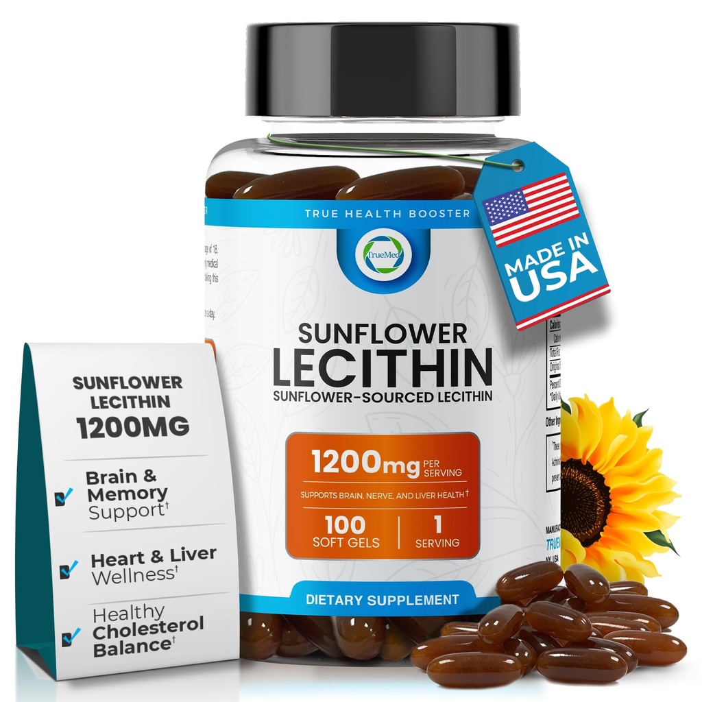 Sunflower Lecethin 1200 MG 100 Softgels, 100-Day Suppply Affected Pure, Non-GMO, Soy- Free, Supports Brain, Heart, Nerve, Liver Health, Kognitive Cholesterol, High Absorpsi Formula
