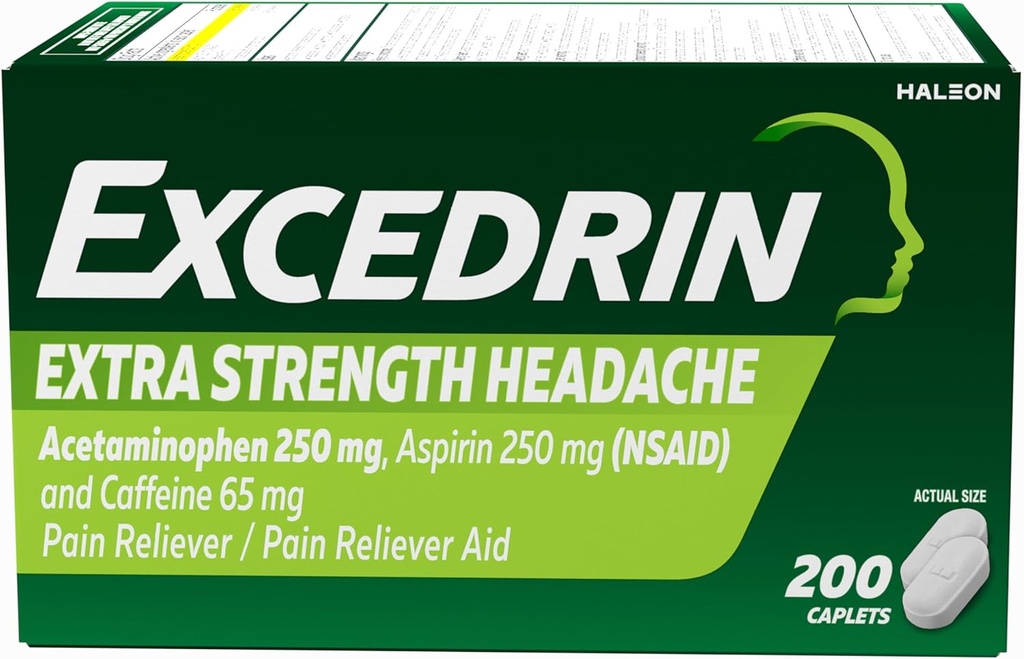 Caplets Excedrin Ekstra Relief Pain untuk Bantuan Sakit Kepala, Acetaminophen 250mg, Aspirin 250mg, Caffeine 65mg, Pain Reliever, 200 Count