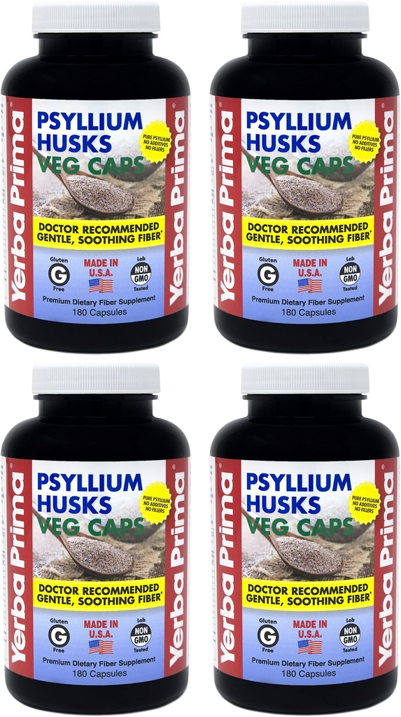 Yerba Prima Psyllium Husks Veg Caps - 180 Count (Paket 4) - Vegan, Non-GMO, Gluten Free, Colon Cleanser, Persediaan Serat Fiber Harian untuk Gut Health & Regularitas
