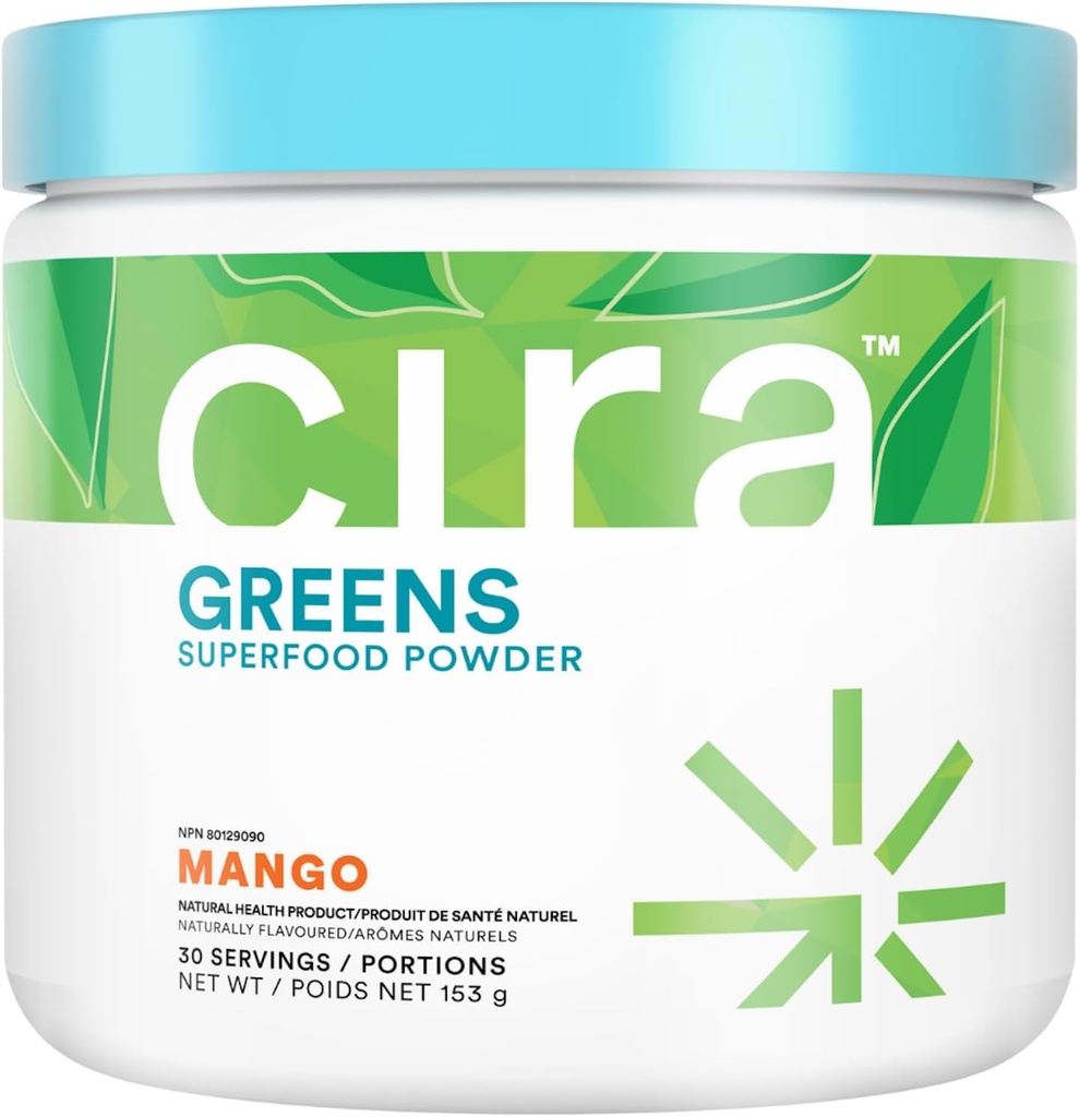 Cira Daily Greens - Tentu Sweetened, Organic Spirulina Superfood Powder dengan Premium, Antioksidant- Kaya Ingredials untuk Debloating, Dibuble, & Energy - Mango, 30 Servings