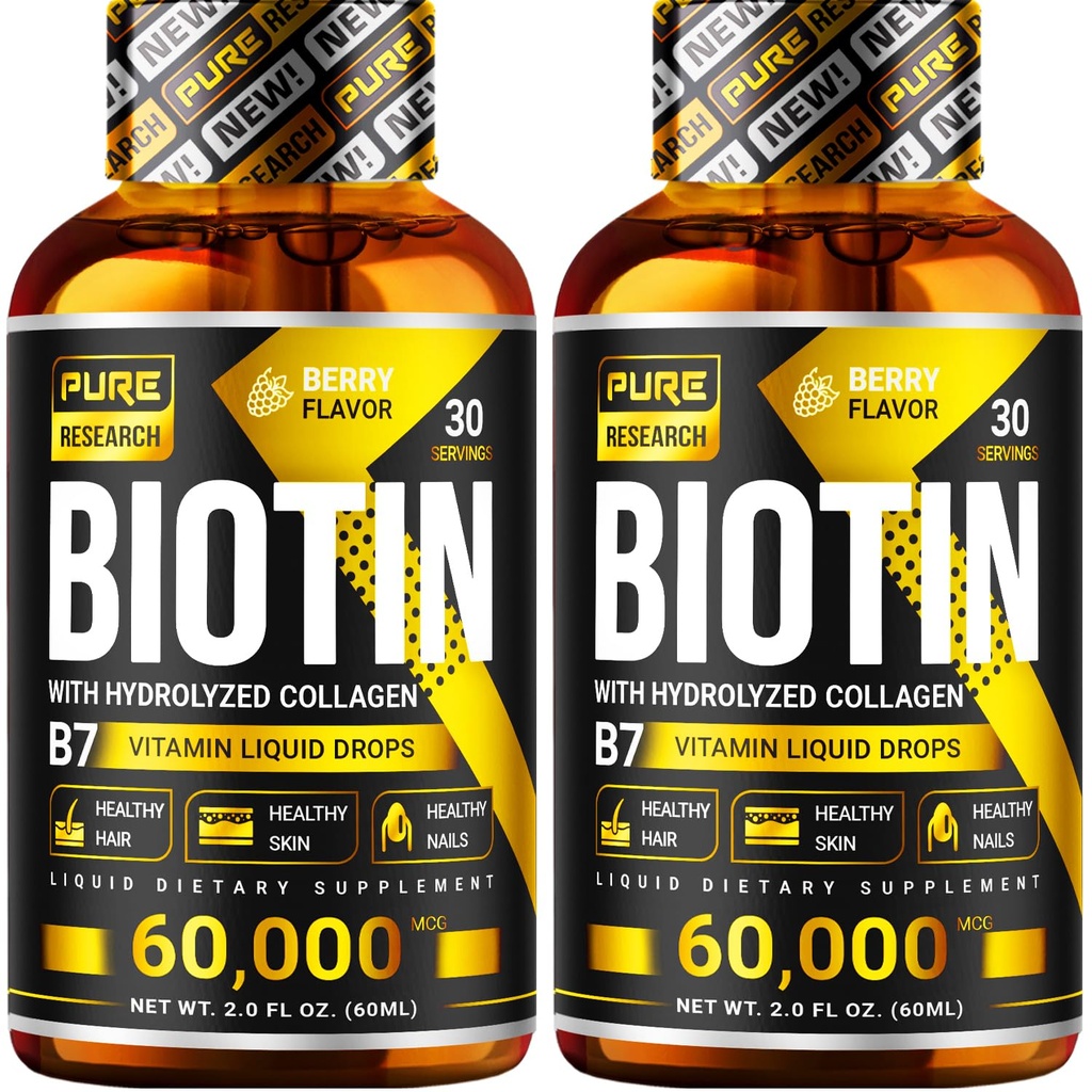 PURE RESEARCH Biotin & Collagen 6000mcg Hair Grouth Liquid Drops, Support: KUIL, GLOWING Skin, Healthy Hair Growth, More Absorpsi Than Capsules & Pil (4Fl Oz)