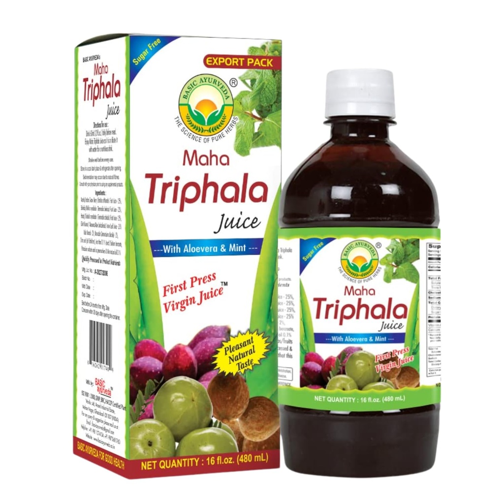 Dasar Ayurveda Maha Triphala Juice dengan Aloe Vera & Mint - 16 Fl Oz (480ml); Natural Herbal Drink 124; First Press Virgin Juice 124;
