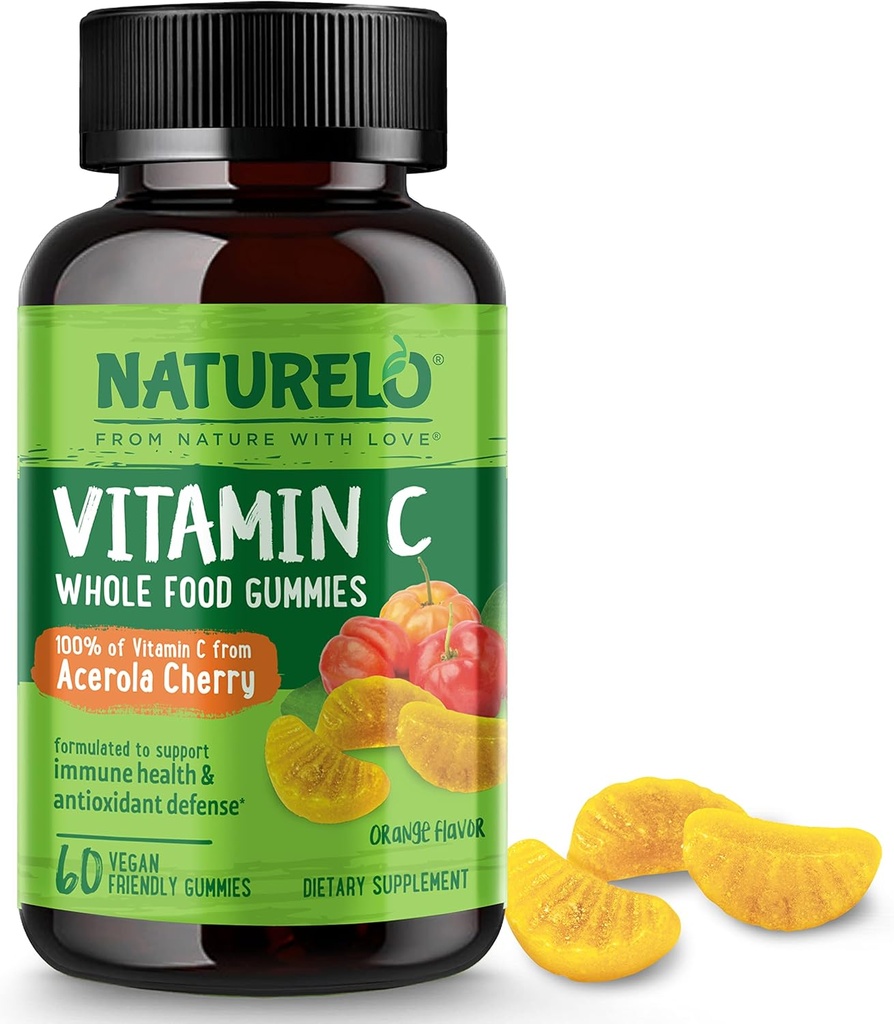 NATURELO Whole Food Vitamin C Gummies, Vitamin C dari Acerola Cherry, Pembangkit Tanaman, 60 Vegan - Friendly Gummies