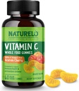 NATURELO Whole Food Vitamin C Gummies, Vitamin C dari Acerola Cherry, Pembangkit Tanaman, 60 Vegan - Friendly Gummies