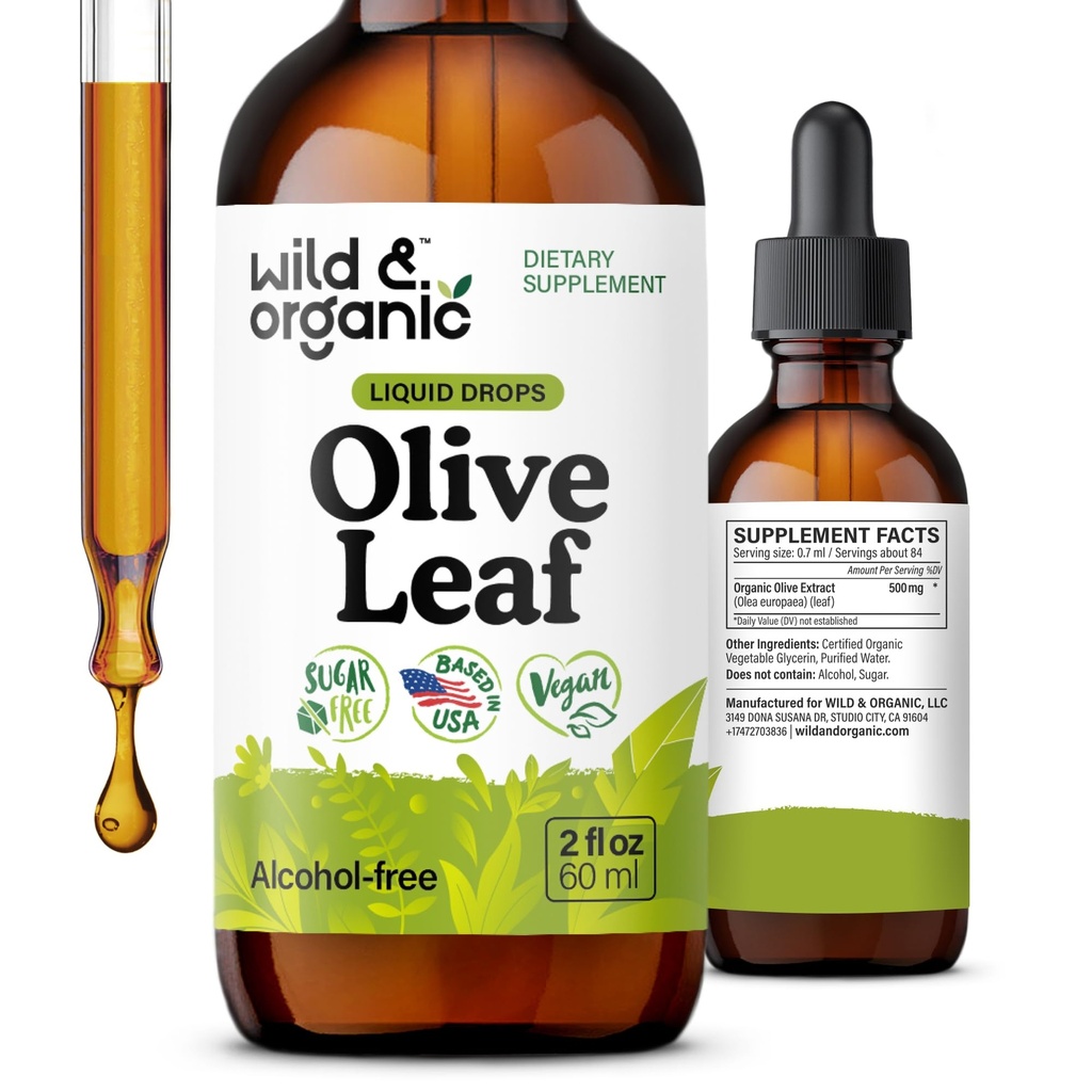 Wild & Organic Olive Leaf Extract Liquid Drops - Antioksidant & Imune Dukungan - Oleuropein Zaitun Suplemen - Vegan, Gula & Alcohol- Free Drops - 2 fli oz