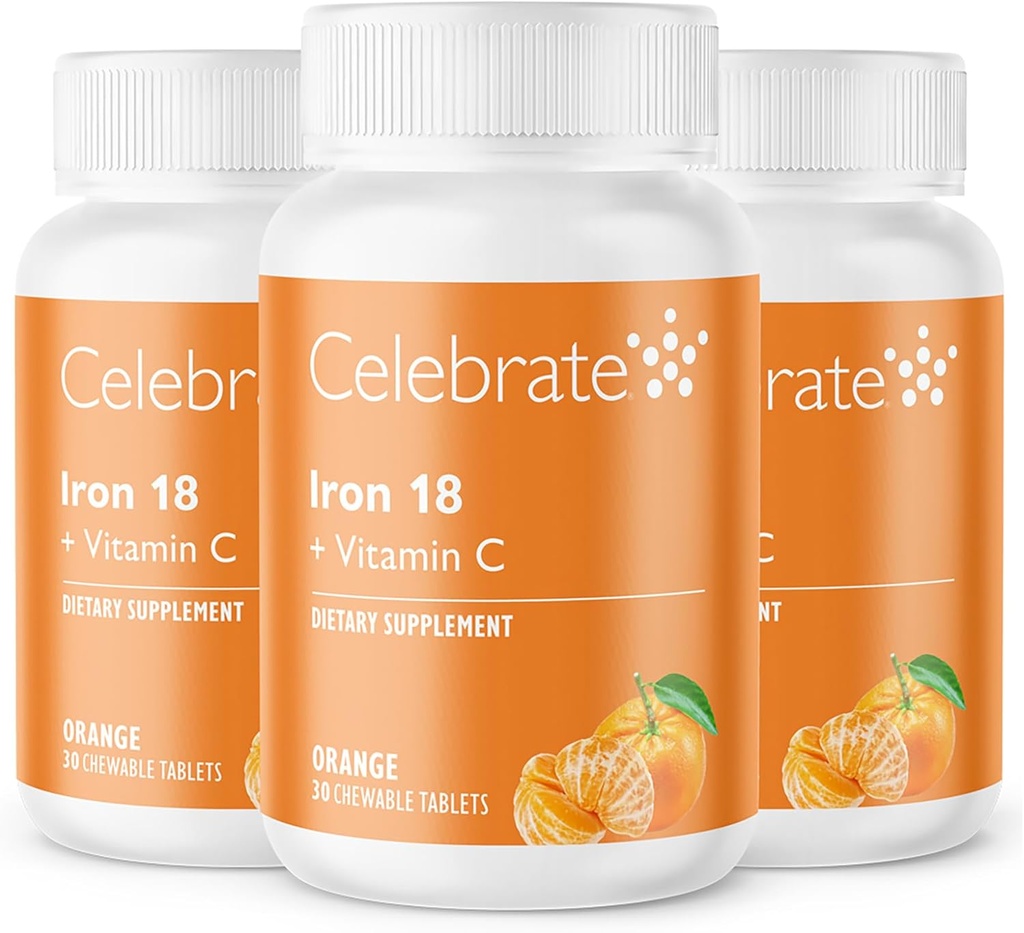 Rayakan Tambahan Besi Vitamin dengan Vitamin C - 18mg Besi, 36mg Vitamin C, Bariatric Vitamin untuk Pasien WLS, Vertikal Sleeve & Gastric Bypass Operasi - Tangerine, 90 Tewable Tablets