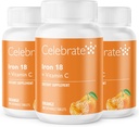 Rayakan Tambahan Besi Vitamin dengan Vitamin C - 18mg Besi, 36mg Vitamin C, Bariatric Vitamin untuk Pasien WLS, Vertikal Sleeve & Gastric Bypass Operasi - Tangerine, 90 Tewable Tablets