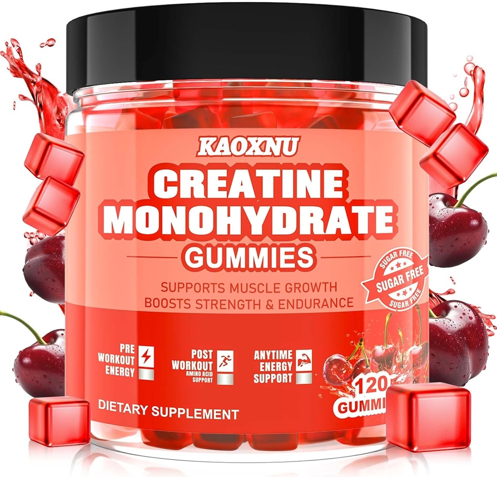 Creatine Monohydrate Gummies 5600mg for Men & Women, 120 CT Creatine Cummies for Muscle Dukungan, Energy Boost, 5.6g Creatine Monohydrate per Serving - Sugar Free, Vegan (Cherry Flavor)