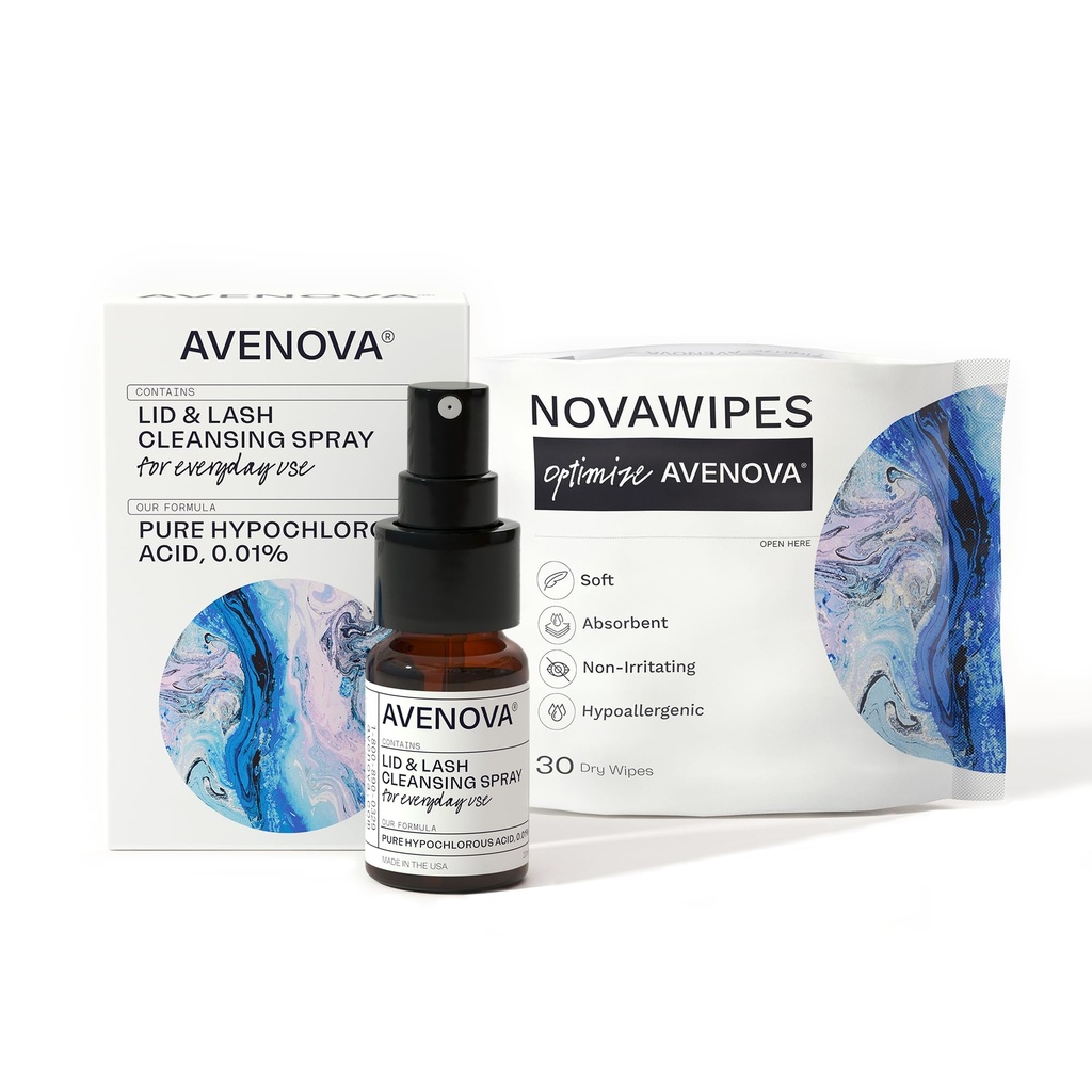 Avenova Eyelid and Eyelash Cleanser Spray with 30 Dry Wipes - Gently Daily Hypochlorous Iid and Lash Cleansing Spray for Clearer and Healthier Eyes, 20mL