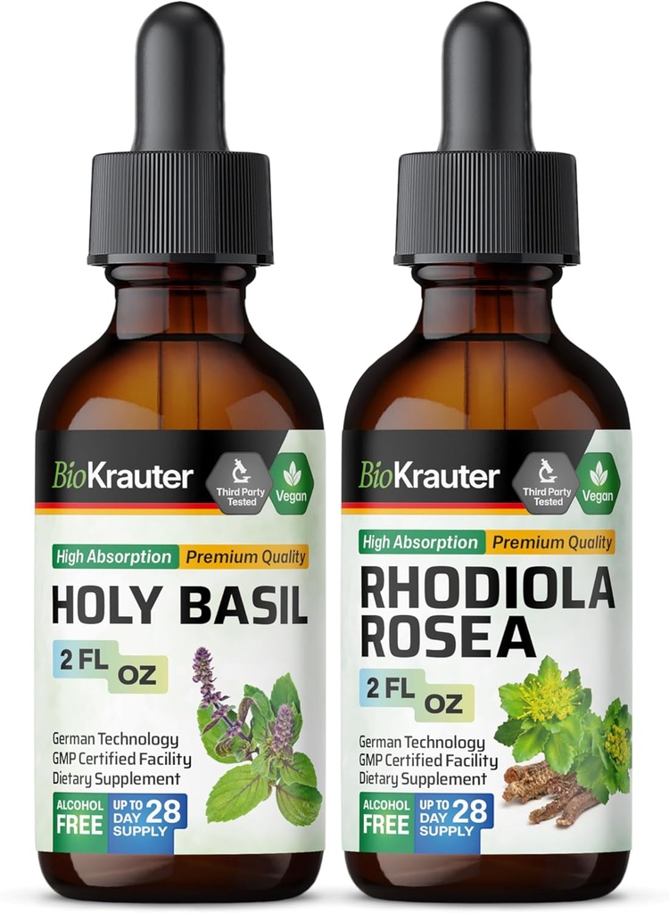 BIO KRAUTER Holy Basil Tarture 2 Fl Oz. & Rhodiola Rosea Tincture 2 Fl.