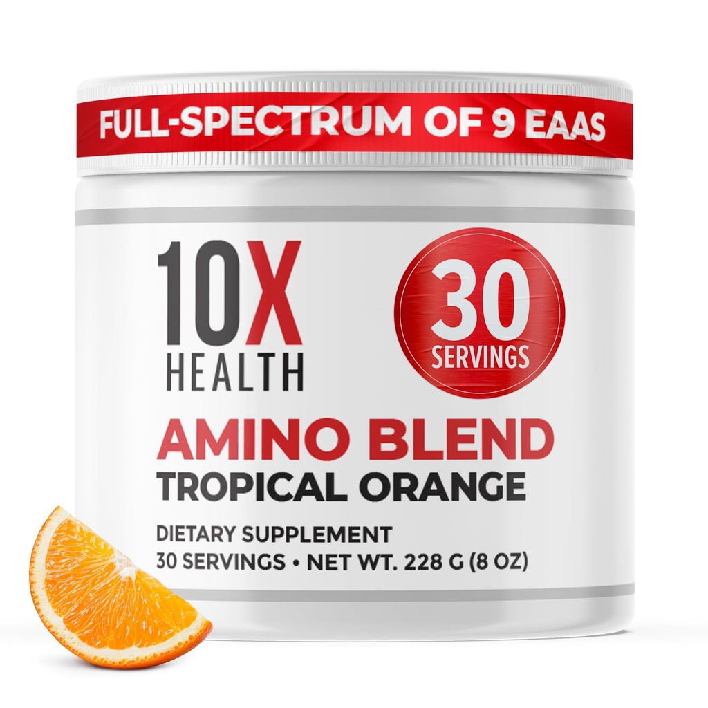 10X Kesehatan Amino Acids - 30 pelayan EAA & BCAA Powder, Pra Workout BCAA dengan Suplemen Amino Acids - BCAAs & EAS untuk Umur-panjang, Dukungan Otot, Energi - Jeruk Tropis
