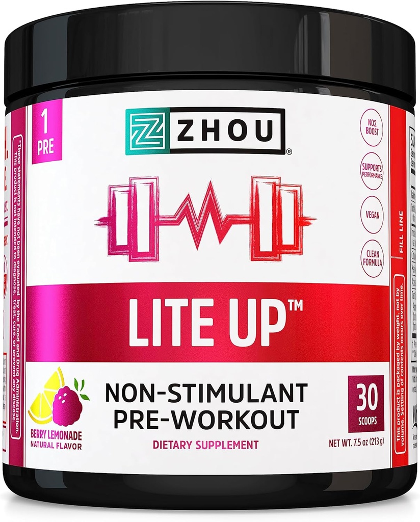 Zhou Lite Up - Non Stim Powder, Nitric Oxide Stim Free Suplement for Men & Women, Caffeine Free Boost, Clean Formula - Berry Lemonade Flavor, 7.5 oz Jar (30 Scoops)