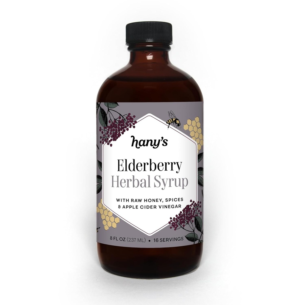 Hany 's Harvest Elderberry Herbal Syrup - 8 fl oz 124; All-Natural Wellness Tonic, Apple Cider Vinegar, Raw Honey & Elderberry 124; Non-GMO, Gluten- Free, Handmade