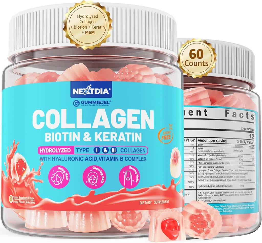 Multi Collagen Filled Gummies for Women Sugar Free Biotin 100000mcg, Multivitamin Hair Skin dan Nails Vitamin for Hair Growth, with Hydrolyzed Collagen Peptide Peptide Kertin Hyaluronic Accid MSlam Vitamin B