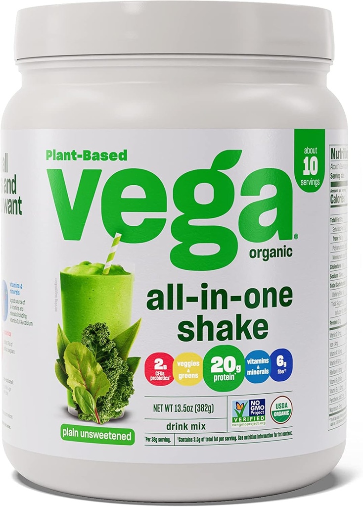 Vega Organik All-inOne Vegan Protein Powder, Plain Unsweetened - Ingrediens Superfood, Vitamin untuk Dukungan Keto Friendly, Pea Protein untuk Perempuan & Men, 13,5 oz (Packaging May Wary)
