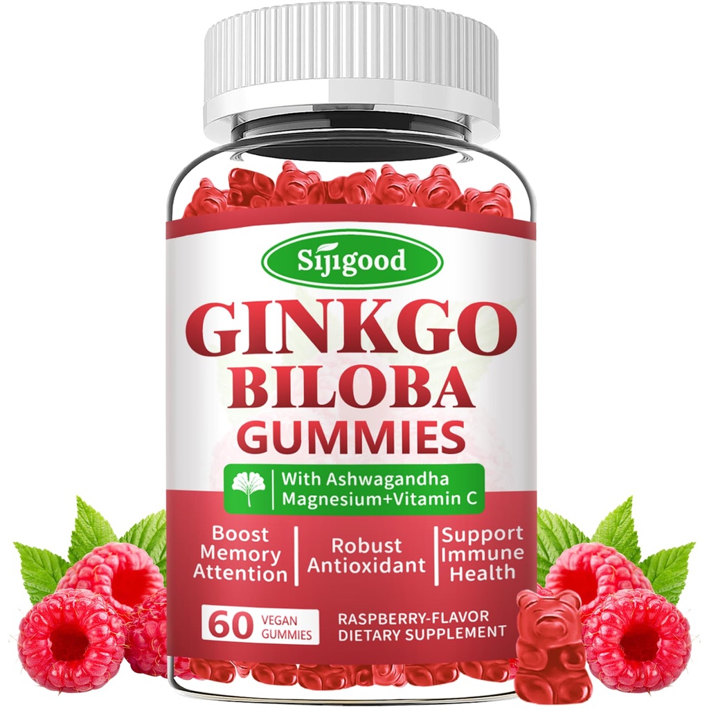 Ginkgo Biloba Gummies dengan Panax Ginseng dan Magnesium, Ginkgo Bilosa Suplemen untuk Fokus, Memori, dan Kesehatan Otak untuk Dewasa & Anak-anak, Vegan Raspberry Flavor Gummies, 60 Count