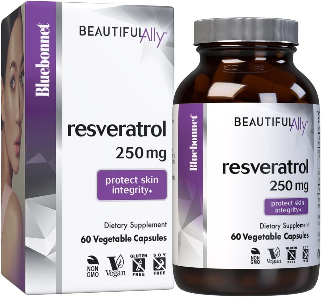 Bluebonnet Nutrition Beautiful Ally Resveratrol 250mg, Best for Skin, Antioksidant, Beauty Nutrient, Vegan, Vegetarian, Non GMO, Gluten Free, Soy Free, 60 Vegetable Capsules, 60 Servings