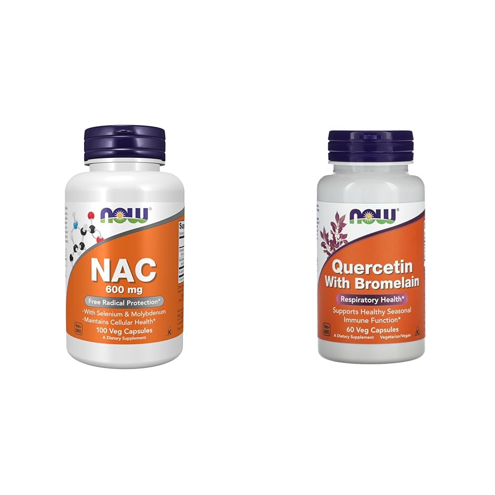 Suplemen, NC (N-Acetyl Cysteine) 600 mg dengan Selenium & Molybdenum, 100 Veg Capsules & Now Quercetin dengan Bromelain - 60 Veg Capsules
