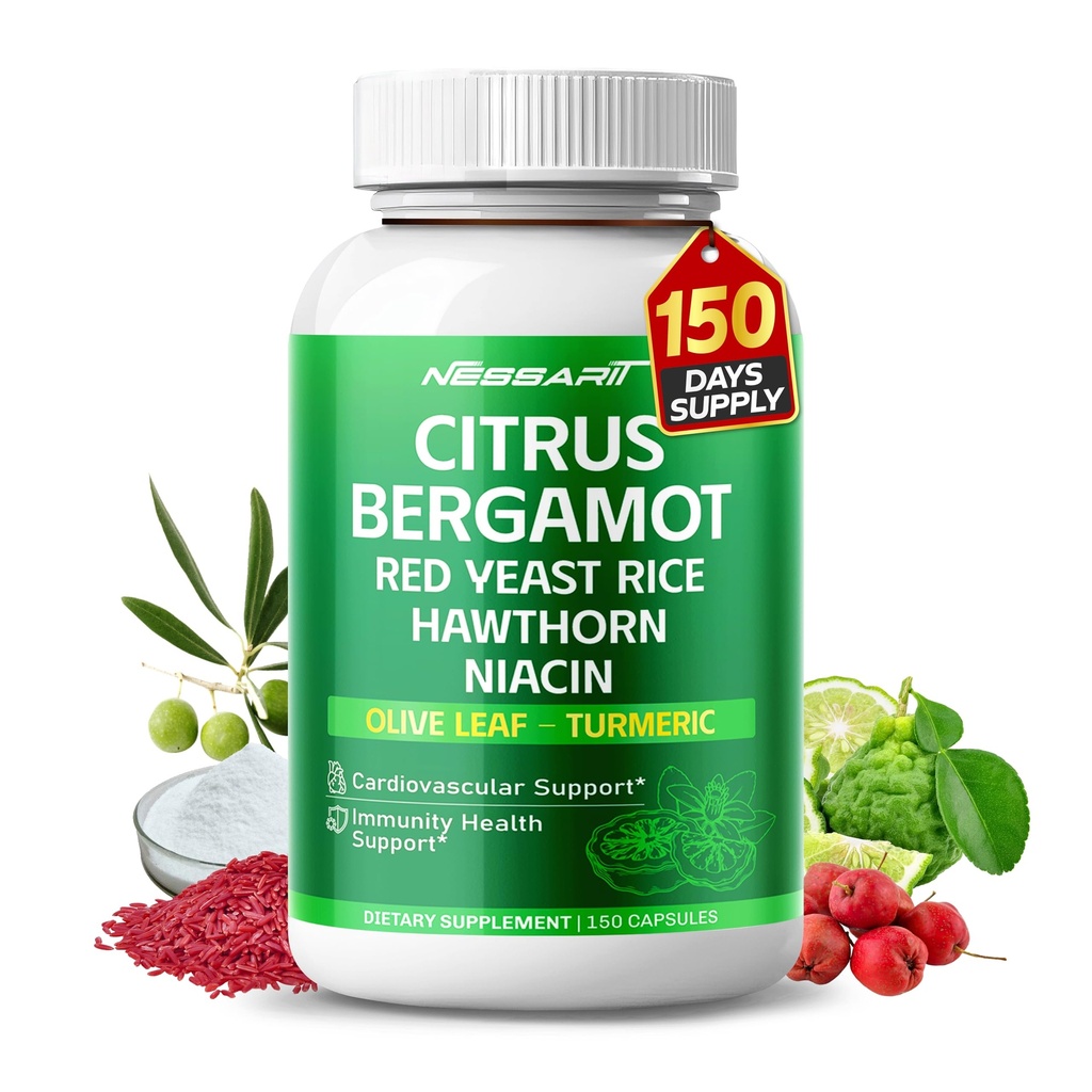 Citrus Bergamot Supplement - 15 -1 Natural Blend with Red Yeast Rice Hawthorn Olive Leaf Odorless Turmeric Ginger Fenugreek - 150 Count - Made & Tested in The USA