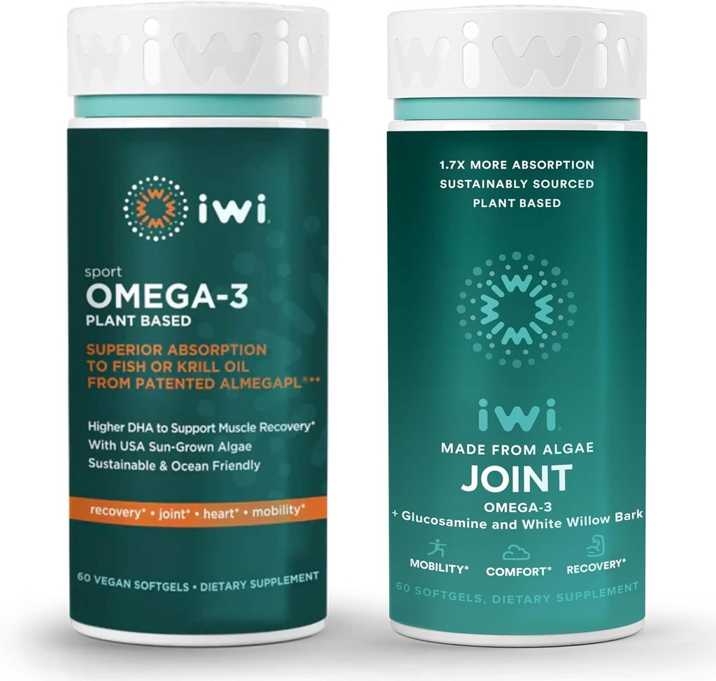 iwi Omega-3 Sport & Gabungan Omega-3 Bundle, 30 Hamba, Tanaman Vegan - berbasis Algae Omega 3, Krill & Fish Oil Alternatif, tidak ada Fishy Aftertaste
