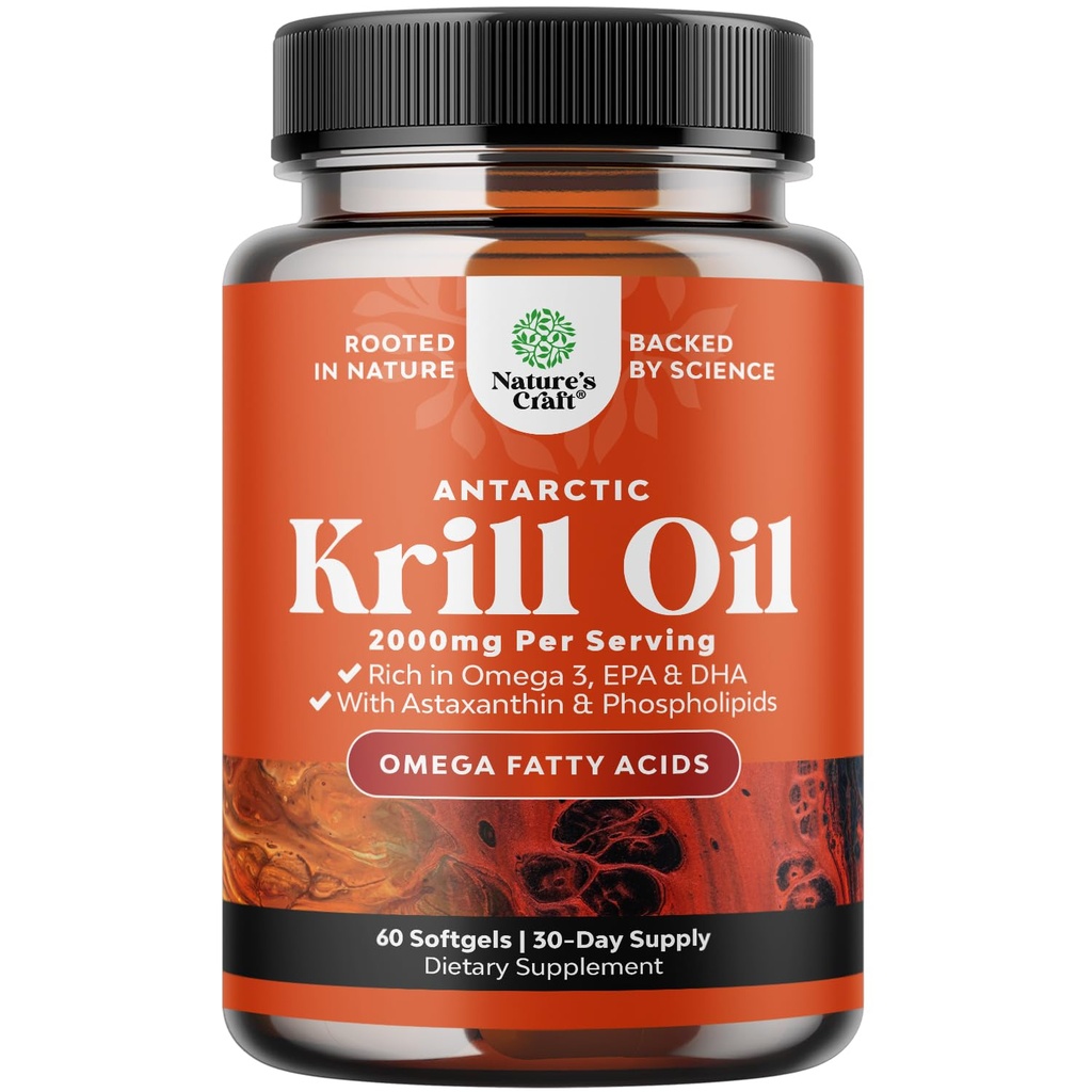 Antartika Krill Oil 2000mg Softgels Per Serving - Omega 3 Krill Oil Suplemen dengan EPA DHA & Astaxanthin (60 Count (Paket 1)