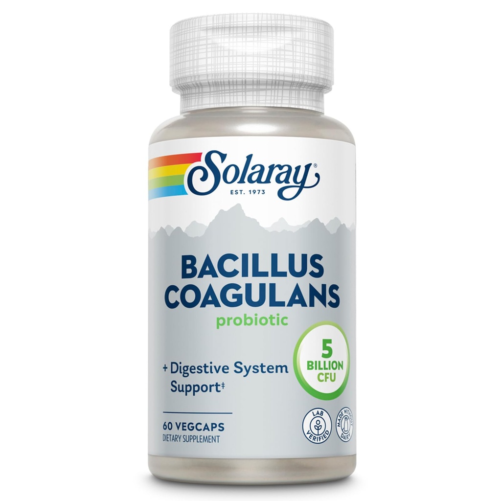 SOLARAY Bacillus Coagulans Probiotic - 5 Milyar Live Microorganisme - Ditraffic and Gut Health Provinsi Tubuh Penuh dengan Inulin Prebiotic Fiber, garansi 60 hari, 30 Serv, 60 VevCaps