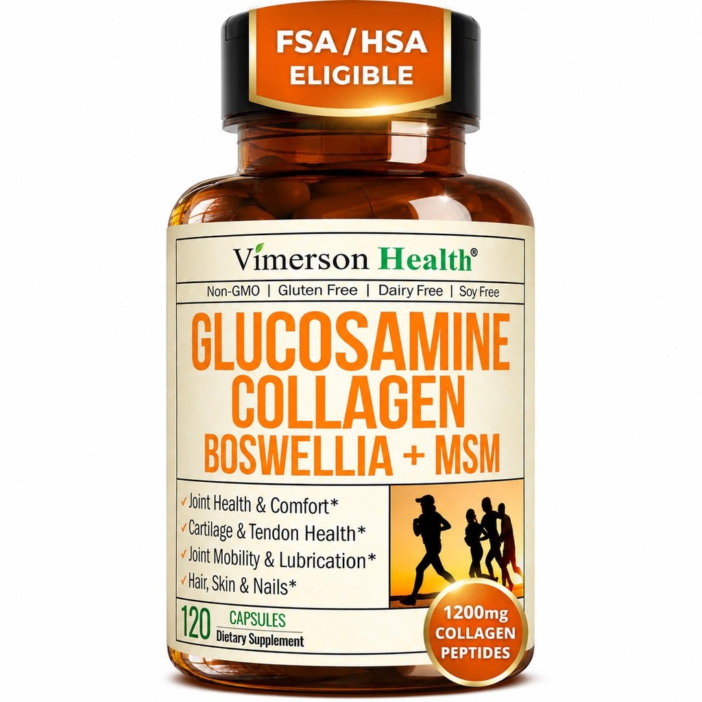 Glucosamin Chondroitin MSM dengan Collagen Peptides yang hidrolyzed - Bersama Suplemen Dukungan dengan Quercetin, Bromelain & Boswellia Ekstrak - Pil Collagen untuk Nails Rambut - FSA Eligly 120