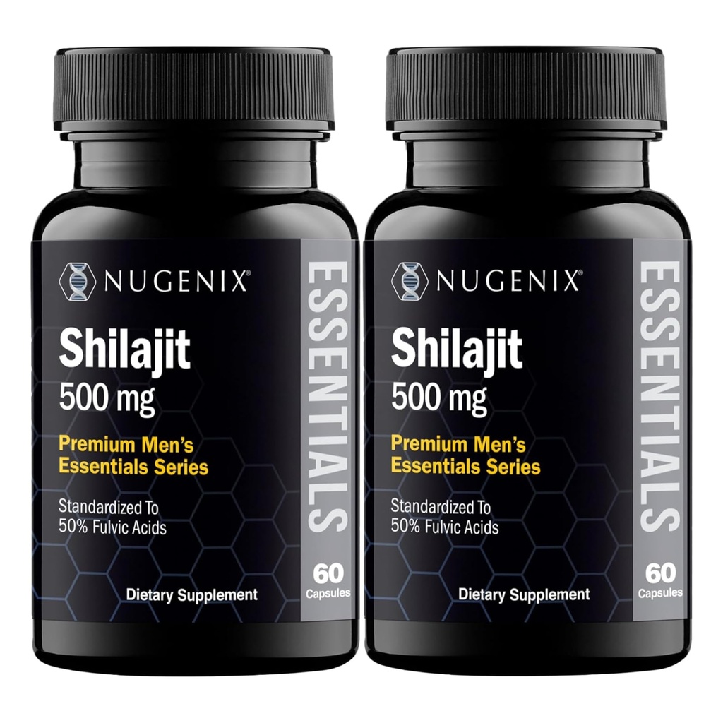 Nugenix Essentials Shilajit Capsules Suplemen - 500mg, Standardied untuk 50% Fulvic Acids, 120 Capsules